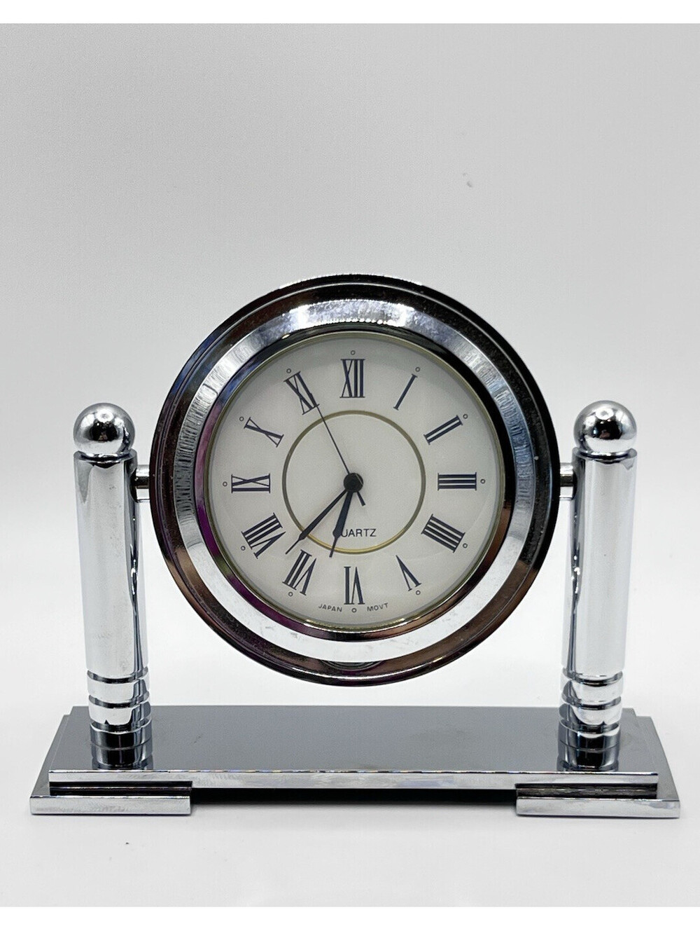 Vintage Novelty Desk Clock Round Swivel Silver tone Works 3108.2